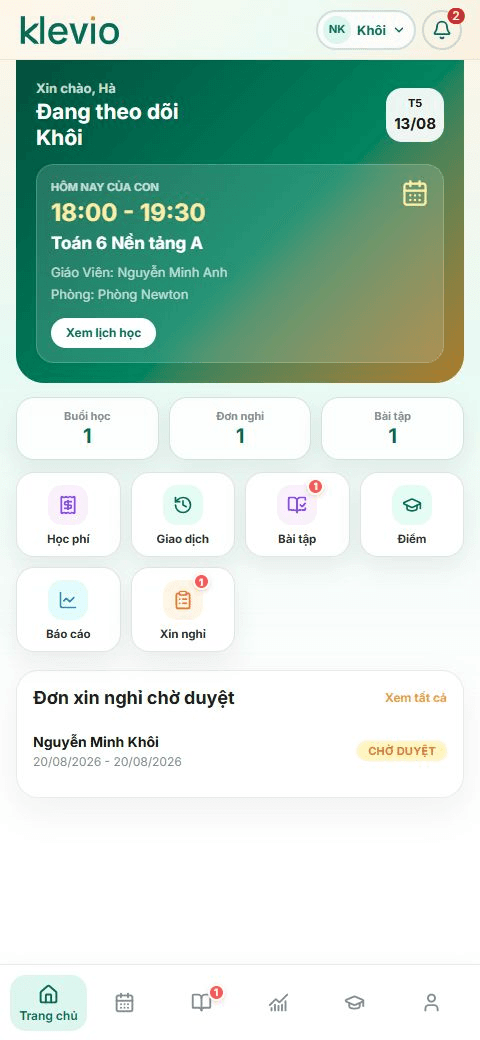 Portal phụ huynh Klevio trên điện thoại